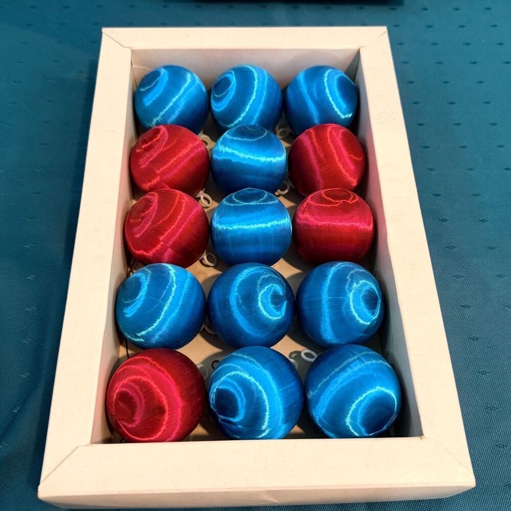 Decorations of Distinction 15 Satin Ball Christmas Ornaments Red Blue Boxed